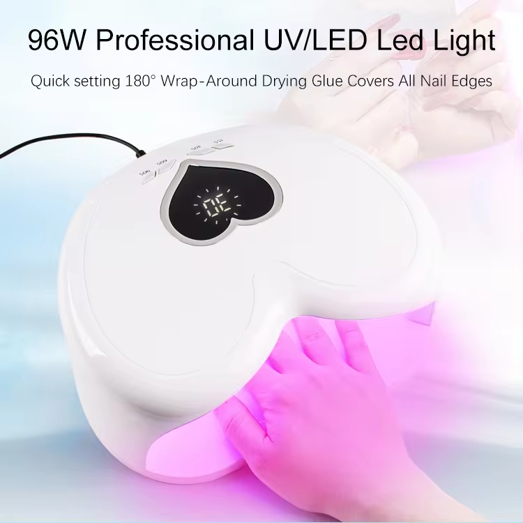 Diamond Pink Heart Shaped 96w Hybrid Pro Cure Uv-led Nail Table Lamp Dual Red Light Gel Polish Machine With Custom Logo