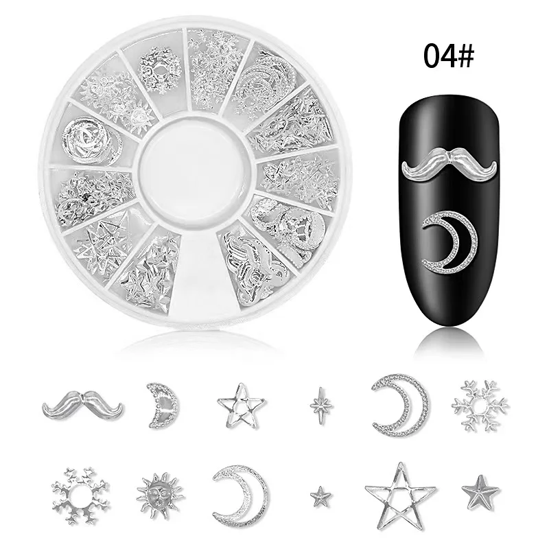 Nail Rhinestones Factory Custom 12 Designs/Box Star Moon Silver Fashion Rivet Hollow Alloy Nail Ornament Wholesale