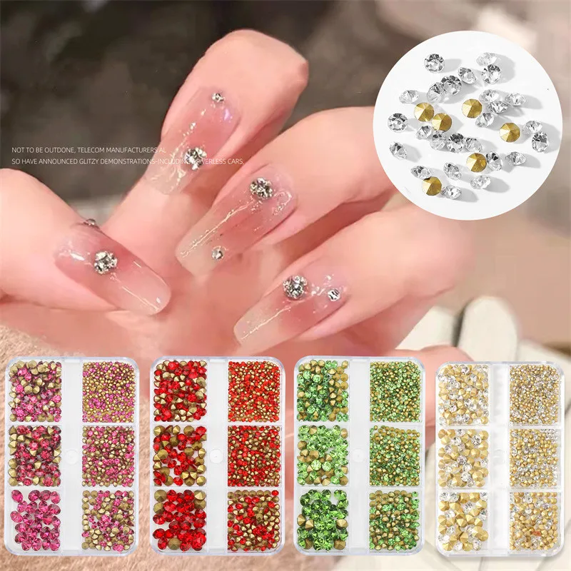 Nail Rhinestones 6 Grid Boxed White Pink Pointed Bottom Diamond Rhinestone Nail Art Decoration Diy Nail Art