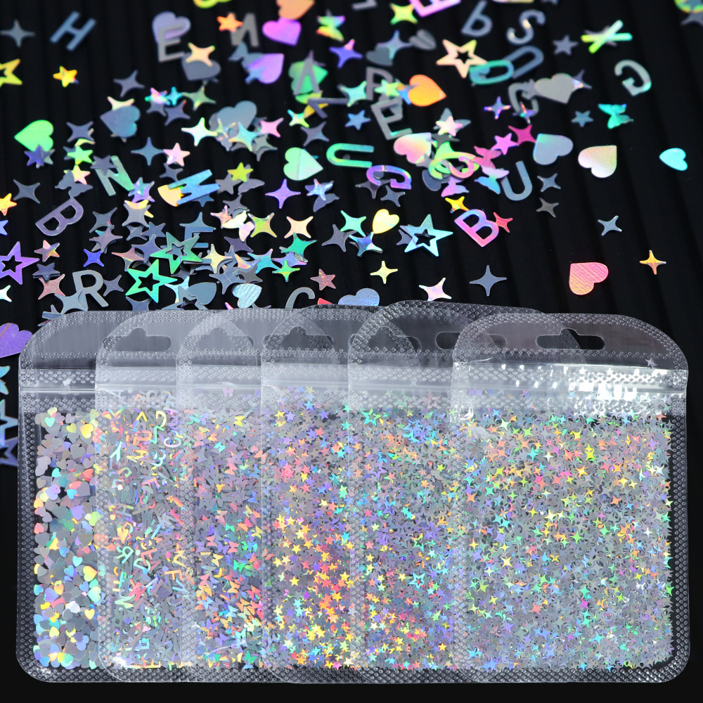 Nail Sequin 6desgin/Set Mirror Nail Sequin Glitter Nail Decoration Laser Star Heart Letter Holographic Diy Nails Accessories